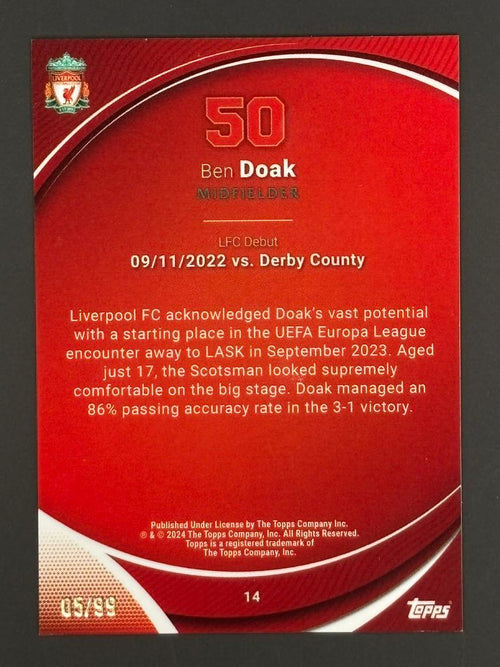 2023-24 Topps Chrome Liverpool FC Ben Doak #14 Aqua /99 Trading Card — back
