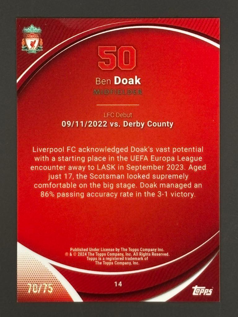 2023-24 Topps Chrome Liverpool FC Ben Doak #14 Yellow /75 Trading Card — back