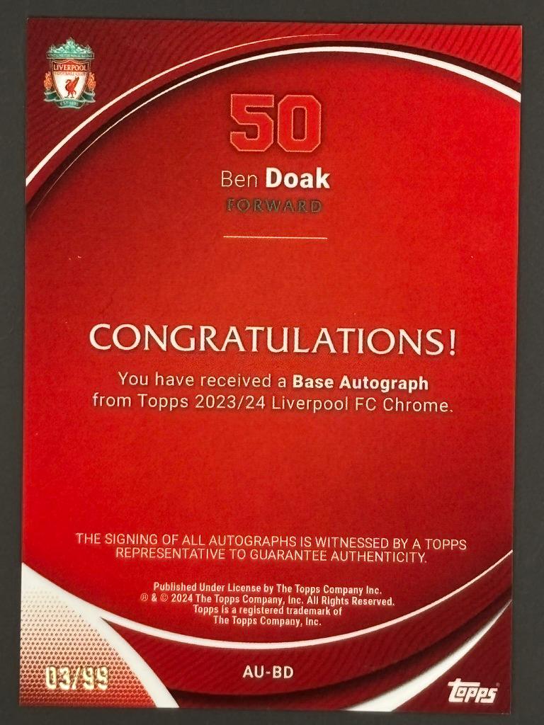 2023-24 Topps Chrome Liverpool FC Ben Doak #14 Aqua Auto Trading Card — back