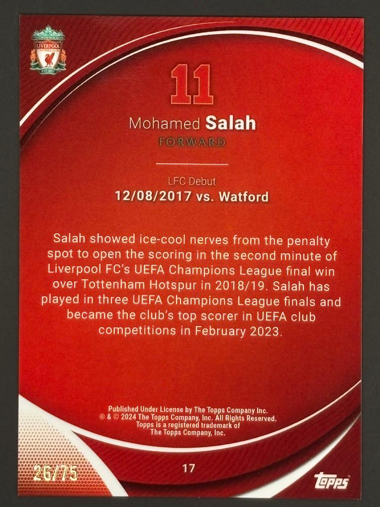 2023-24 Topps Chrome Liverpool FC Mohamed Salah #80 Yellow /75 Trading Card — back