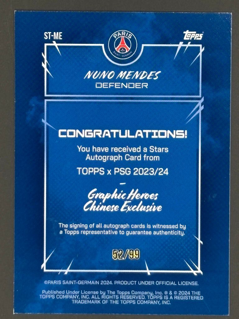 2024-25 Topps Chrome UEFA Nuno Mendes CA-NU Auto Green /99 Trading Card — back