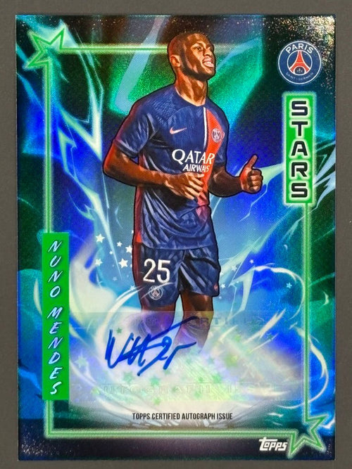 2024-25 Topps Chrome UEFA Nuno Mendes CA-NU Auto Green /99 Trading Card — front