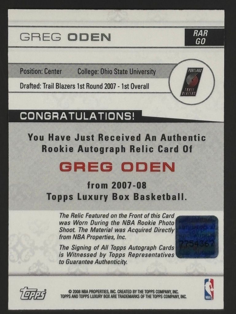Greg Oden RPA /19 topps 2007-2008 topps luxury box basketball